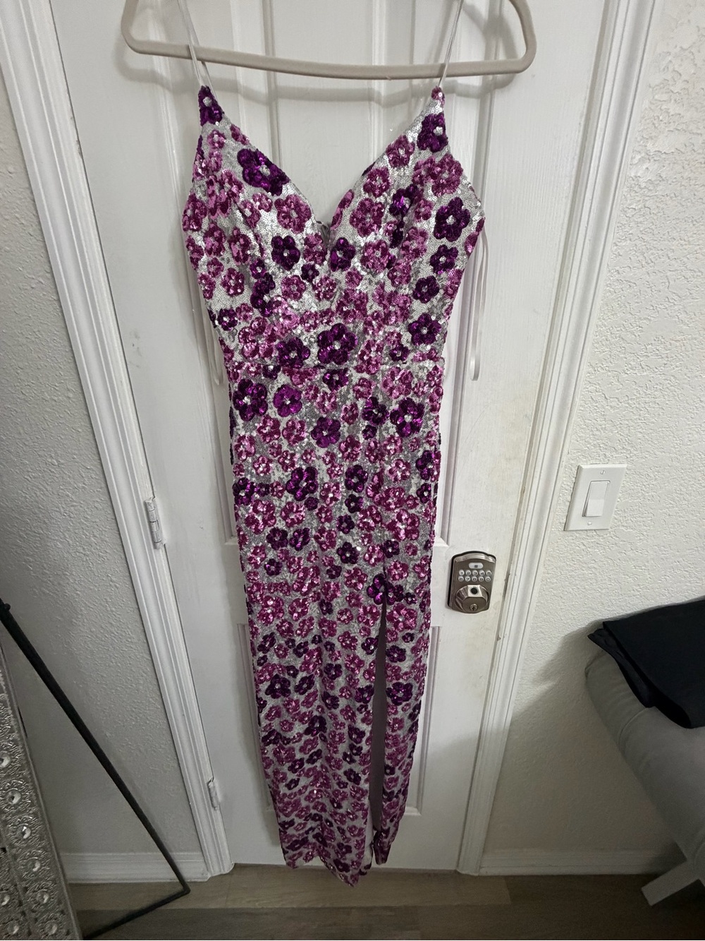 Purple Sequin Floral Maxi Slip Dress with Spaghetti Straps